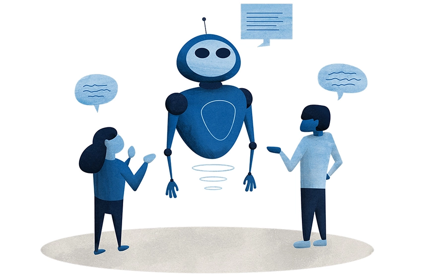 An illustration of two people holding a conversation with a robot.