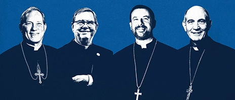 A graphic of four bishops in a line, from left to right: The Most Rev. Robert Gruss '90, the Most Rev. Timothy Doherty '72, the Most Rev. Thomas Hennen '00, and the Most Rev. James Mark Beckman '84.