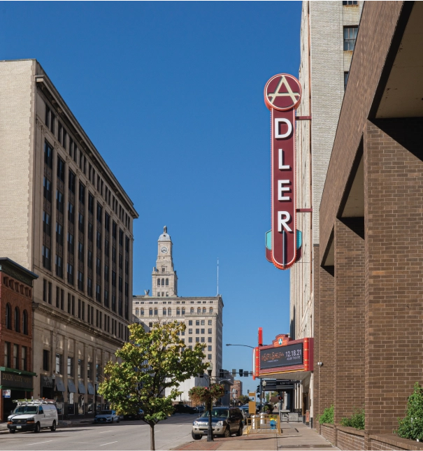 A view of Adler Theater from the street.