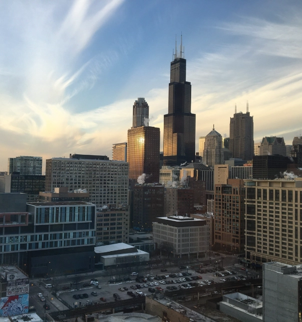 View of the Chicago skyline at dusk.