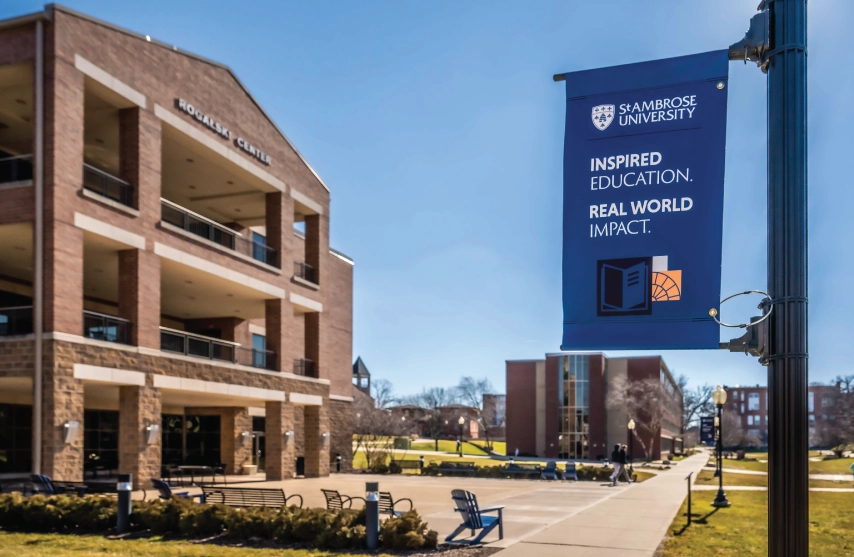 A banner outside of Rogalski center reading 
