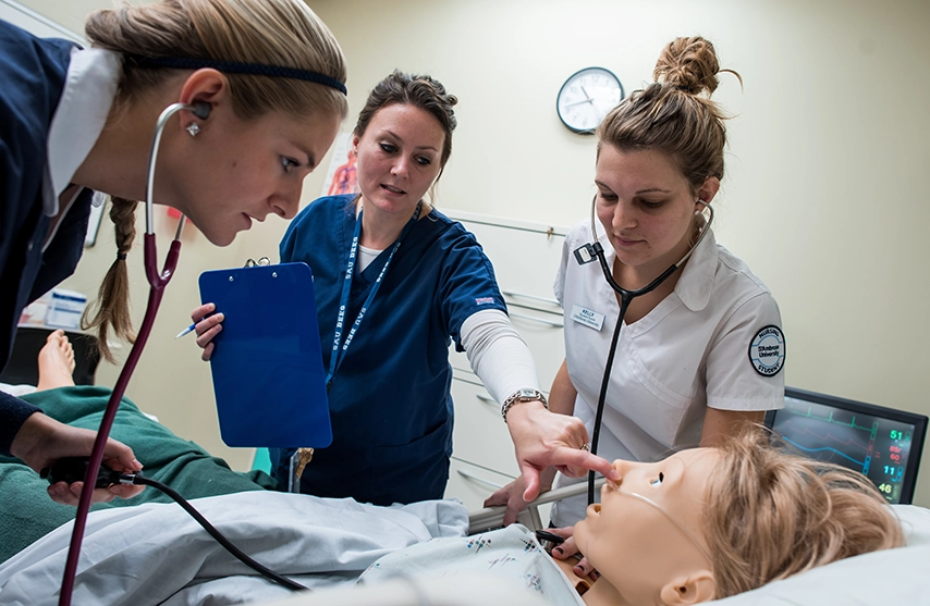 Student nurses practice in a clinical.