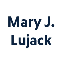 Blue lettering on white background reads Mary J. Lujack