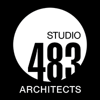 The white logo of Studio 483 architects.